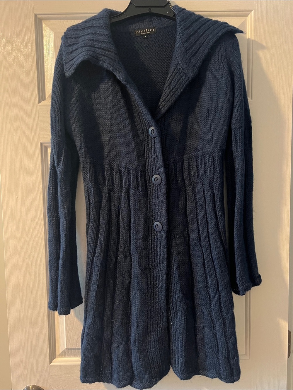 Made in Italy wool Long Navy Knit Cardigan with Rib Details